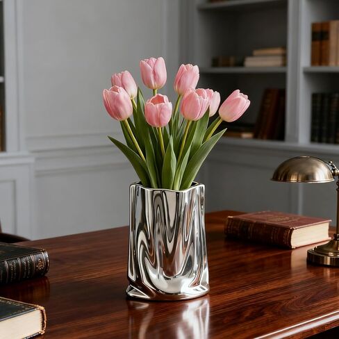 مزهرية سيراميك من الكروم السائل - مزهرية فضية مزخرفة بطول 5.32 بوصة وارتفاع 7.10 بوصة، مزهرية معدنية على شكل كيس ورقي واسع الفم حديث لديكور المنزل مثل الطاولة والرف وتزيين غرفة المعيشة in Kuwait