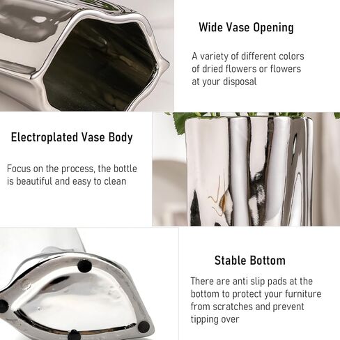 مزهرية سيراميك من الكروم السائل - مزهرية فضية مزخرفة بطول 5.32 بوصة وارتفاع 7.10 بوصة، مزهرية معدنية على شكل كيس ورقي واسع الفم حديث لديكور المنزل مثل الطاولة والرف وتزيين غرفة المعيشة in Kuwait