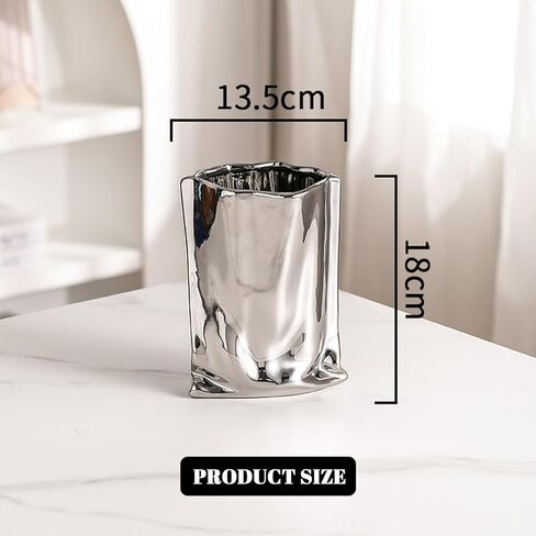 مزهرية سيراميك من الكروم السائل - مزهرية فضية مزخرفة بطول 5.32 بوصة وارتفاع 7.10 بوصة، مزهرية معدنية على شكل كيس ورقي واسع الفم حديث لديكور المنزل مثل الطاولة والرف وتزيين غرفة المعيشة in Kuwait