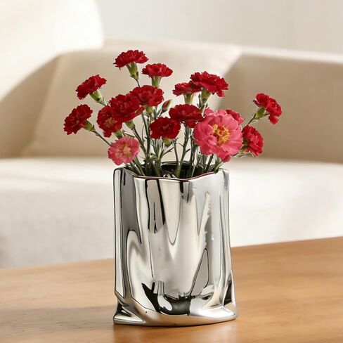 مزهرية سيراميك من الكروم السائل - مزهرية فضية مزخرفة بطول 5.32 بوصة وارتفاع 7.10 بوصة، مزهرية معدنية على شكل كيس ورقي واسع الفم حديث لديكور المنزل مثل الطاولة والرف وتزيين غرفة المعيشة in Kuwait