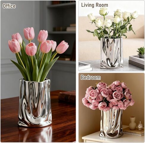 مزهرية سيراميك من الكروم السائل - مزهرية فضية مزخرفة بطول 5.32 بوصة وارتفاع 7.10 بوصة، مزهرية معدنية على شكل كيس ورقي واسع الفم حديث لديكور المنزل مثل الطاولة والرف وتزيين غرفة المعيشة in Kuwait