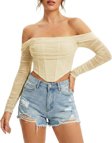 Womens Off The Shoulder Corset Top Sexy Mesh Long Sleeve Boned Bustier Concert Cute Going Out Tops in Saudi Arabia