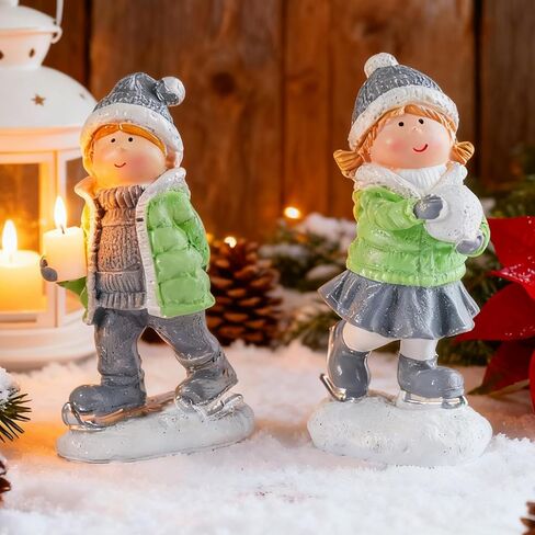 Brizoria 2-Piece Christmas Ice Skating Boy & Girl Resin Figurines - Indoor/Outdoor Holiday Decor, Festive Tabletop & Home Desktop Ornaments, Ideal for Mom, Dad & Friends in Saudi Arabia