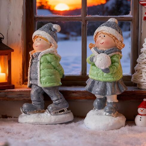 Brizoria 2-Piece Christmas Ice Skating Boy & Girl Resin Figurines - Indoor/Outdoor Holiday Decor, Festive Tabletop & Home Desktop Ornaments, Ideal for Mom, Dad & Friends in Saudi Arabia