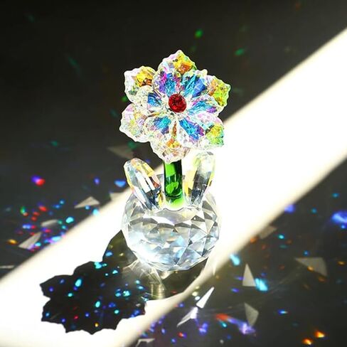 Crystal Glass Artificial Flower Figurine Decorative Table Ornament with Faceted Base for Office Desk Bedroom Shelf Gift Holiday Home Accent Display in Saudi Arabia