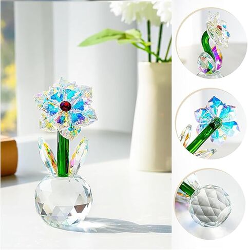Crystal Glass Artificial Flower Figurine Decorative Table Ornament with Faceted Base for Office Desk Bedroom Shelf Gift Holiday Home Accent Display in Saudi Arabia