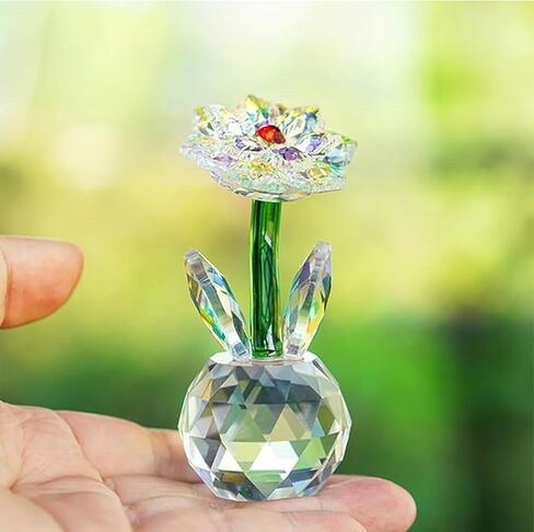 Crystal Glass Artificial Flower Figurine Decorative Table Ornament with Faceted Base for Office Desk Bedroom Shelf Gift Holiday Home Accent Display in Saudi Arabia