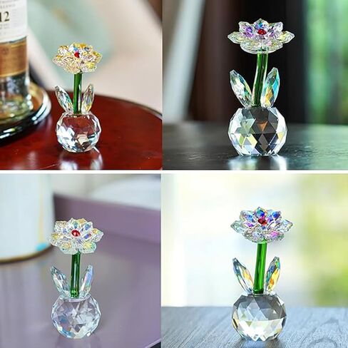 Crystal Glass Artificial Flower Figurine Decorative Table Ornament with Faceted Base for Office Desk Bedroom Shelf Gift Holiday Home Accent Display in Saudi Arabia