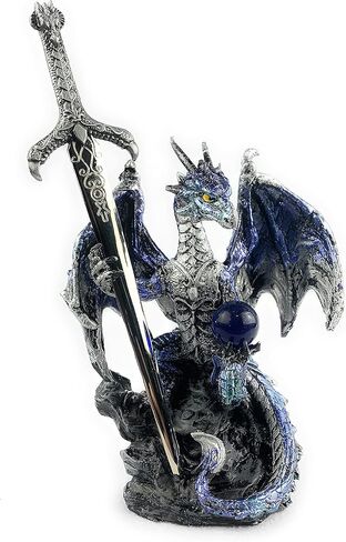 Ain’t It Nice Dragon Statue with Medieval Dragon Sword and Crystal Ball Collectible Dragon Figurine Fantasy Medieval Dragon Décor, Blue 4(L) 2(W) 7(H) inches in Saudi Arabia