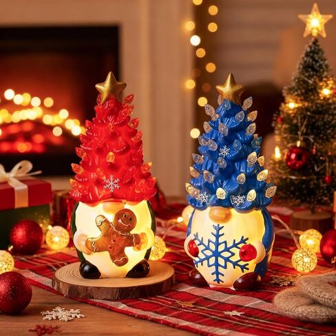 Riakrum 2 Pcs Gnome Christmas Tree Decor with Lights, Gingerbread Man, Snowflakes Sign 6.5" Lighted Blue Red Winter Decorations Resin Light up Gnomes Figurine for Table Indoor Centerpieces Home Decor in Kuwait