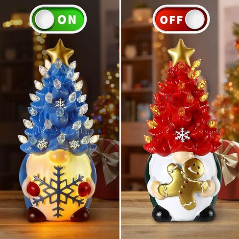 Riakrum 2 Pcs Gnome Christmas Tree Decor with Lights, Gingerbread Man, Snowflakes Sign 6.5" Lighted Blue Red Winter Decorations Resin Light up Gnomes Figurine for Table Indoor Centerpieces Home Decor in Kuwait