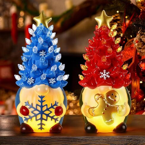 Riakrum 2 Pcs Gnome Christmas Tree Decor with Lights, Gingerbread Man, Snowflakes Sign 6.5" Lighted Blue Red Winter Decorations Resin Light up Gnomes Figurine for Table Indoor Centerpieces Home Decor in Kuwait