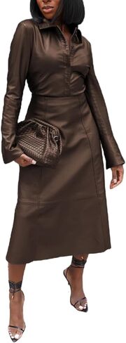 Womens PU Leather Outfits Lapel Shirt Long Sleeve with Leather Maxi Skirts Going Out Casual Sets in Saudi Arabia