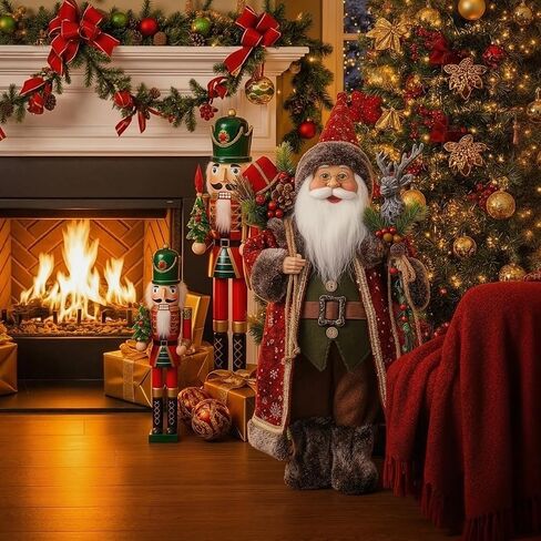 BEAUTLOHAS. 18" Santa Claus Figurine, Christmas Decorations, Standing Santa Claus Hold Deer Head Cane and Sack for Xmas Indoor Home Decoration Gift Party Table Shelf Ornament in Saudi Arabia