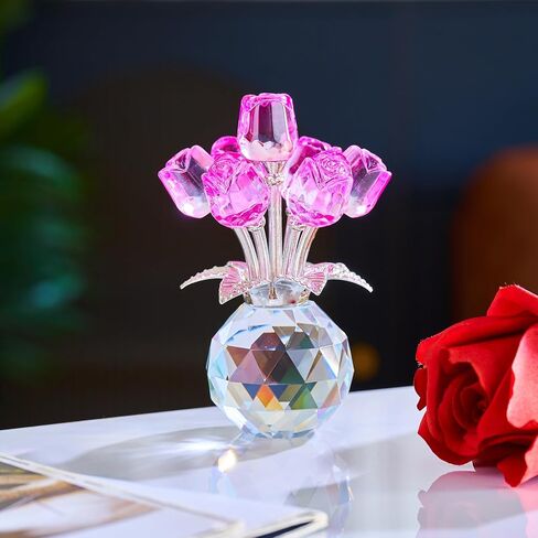 XLSJGYP Crystal Pink Rose Flower Glass Flowers Decoration Birthday Gifts for Women Girl Wife Girlfriend Daughter Ornament Bouquet Collectible for Valentine's Day Wedding (Pink Rose 02) in Saudi Arabia