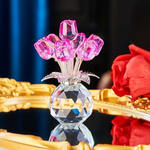 XLSJGYP Crystal Pink Rose Flower Glass Flowers Decoration Birthday Gifts for Women Girl Wife Girlfriend Daughter Ornament Bouquet Collectible for Valentine's Day Wedding (Pink Rose 02) in Saudi Arabia