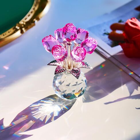 XLSJGYP Crystal Pink Rose Flower Glass Flowers Decoration Birthday Gifts for Women Girl Wife Girlfriend Daughter Ornament Bouquet Collectible for Valentine's Day Wedding (Pink Rose 02) in Saudi Arabia