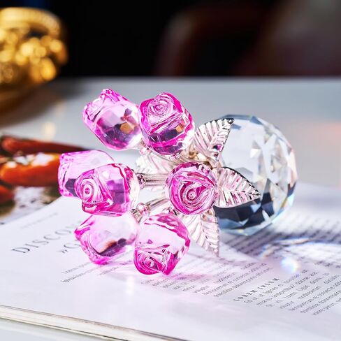 XLSJGYP Crystal Pink Rose Flower Glass Flowers Decoration Birthday Gifts for Women Girl Wife Girlfriend Daughter Ornament Bouquet Collectible for Valentine's Day Wedding (Pink Rose 02) in Saudi Arabia