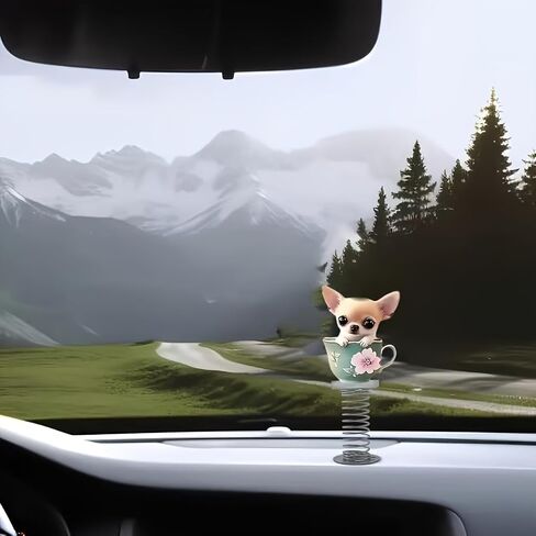 1pc Acrylic Chihuahua Tea Cup Car Dashboard Decor - Cute 2D Dog Statue with Floral Accents, Perfect for Car Interior Accessories and Holiday Party Gifts, Adorable Animal Figurine in Saudi Arabia