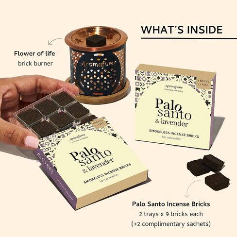 Palo Santo & Lavender Smokeless Incense Bricks & Flower of Life Burner | 2x9 Bricks | Aromatherapy | Essential Oils Based | Natural Air fresheners for Home | Spiritual Smudging Meditation Accessories in Saudi Arabia