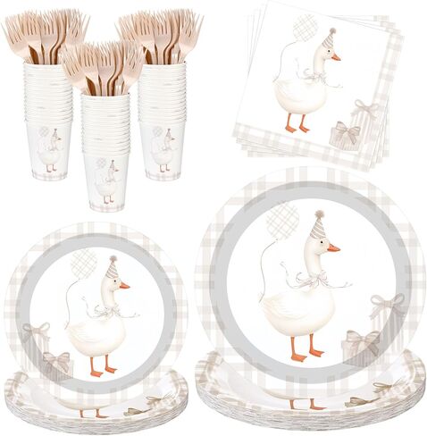 Havawish 120 Pcs One Silly Goose Birthday Party Tableware Set Gingham Baby Shower Plates Cup Napkins Forks for Birthday Party Decorations Supplies for 24 Guests(Pink,One Silly Goose) in Kuwait
