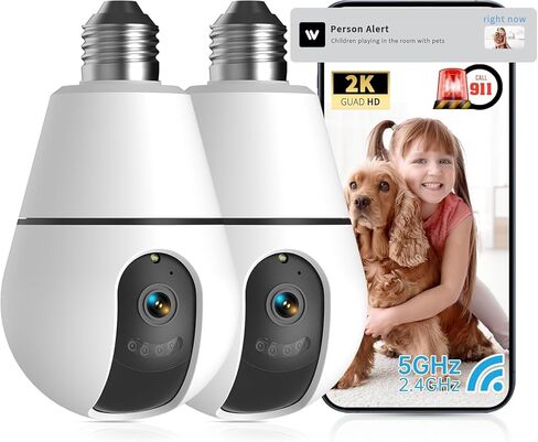 Light Bulb Security Camera, 2.4G/5GHz WiFi 2K Security Cameras Wireless Outdoor Indoor,Bulb Cameras for Home Security,AI Motion Detection,One-Tap Call 911,US Based Cloud,2 Way Talk,Color Night Vision in Saudi Arabia