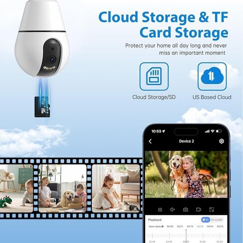 Light Bulb Security Camera, 2.4G/5GHz WiFi 2K Security Cameras Wireless Outdoor Indoor,Bulb Cameras for Home Security,AI Motion Detection,One-Tap Call 911,US Based Cloud,2 Way Talk,Color Night Vision in Saudi Arabia