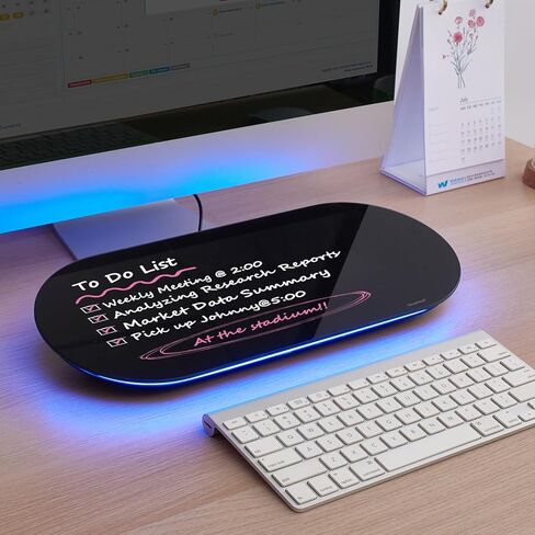 TSJ Office Glass Desktop Whiteboard - 17 × 7 بوصات لوحة محو جافة صغيرة مع الضوء الأزرق ، ومفاتح سطح الزجاج الأبيض مع درج واحد ، ومنظمي مكتب للمكتب ، والمنزل ، واللوازم المدرسية (أسود) in Kuwait
