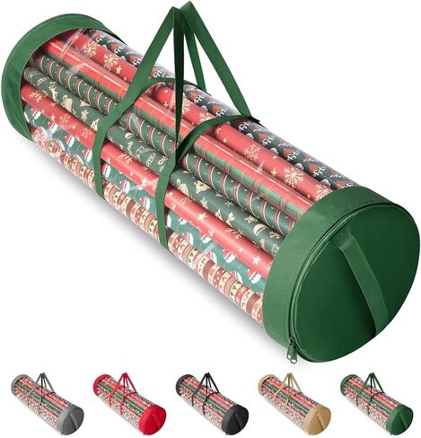 BALEINE Christmas Wrapping Paper Organizer Storage, 41" Gift Wrapping Paper Storage Containers, Clear PVC with Durable 600D Oxford Fabric Gift Wrap Paper Holder Fits 18-25 Rolls, Golden in Kuwait