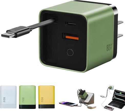 W&O 2 in 1 GaN Charger 40W, Retractable Wall Charger Plug with Lightening and Type-C Cables, Fast Charging Foldable Block for iPhone 16 15 14 13 12 11,iPad,Galaxy S25,Pixel,Laptops in Kuwait