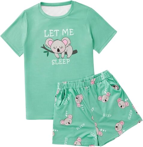 Lyaner Women's Pajama يضع كرتون طباعة تي شيرت قصيرة الأكمام وسراويل قصيرة الرسم PJS ملابس النوم مع جيوب in Saudi Arabia