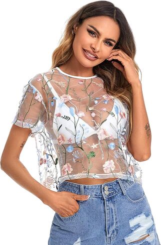 SweatyRocks Women Sheer Mesh Crop Tops Floral Embroided See Throught Short Sleeve Tee Shirt Blouse in Saudi Arabia