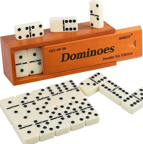 Smilejoy Dominos مجموعة للبالغين- حجم Jumbo Dominoes Double Six Edition- ألعاب الطاولة الكلاسيكية- حجم سميك مزدوج 6 دومينو مع صندوق خشب بني فاخر ، 28 بلاط (2-4 لاعب) in Kuwait