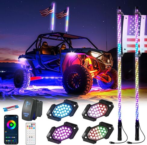 4FT Whip Light and Rock Light Combo Kit with Spring Base, Switch, App Control, Universal for UTV/ATV/RZR/SxS/Can-am, 2 Pack in Kuwait