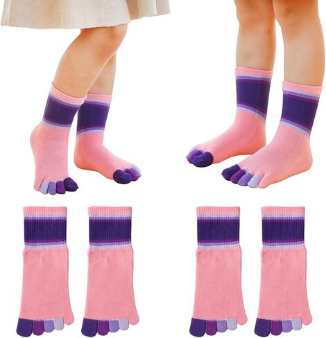 2 Pairs Cotton Five Finger Split Toe Socks Athletic Running Casual Dress Rainbow Stripe Socks for Boys Girls Kids 2-10 Years in Saudi Arabia