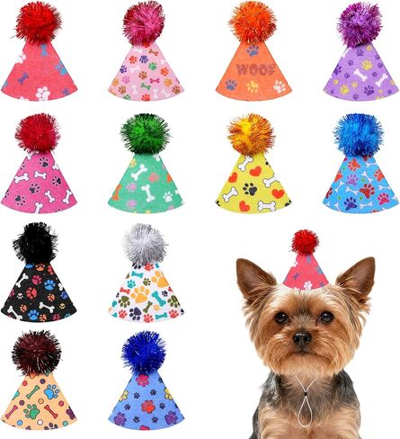 12PCS Dog Birthday Party Cone Hats with Pompons for Small Medium Dog Cat Holiday Wedding Costume Accessories in Kuwait