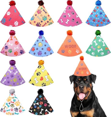 12PCS Dog Birthday Party Cone Hats with Pompons for Small Medium Dog Cat Holiday Wedding Costume Accessories in Kuwait