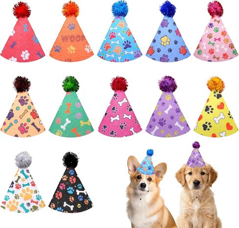 12PCS Dog Birthday Party Cone Hats with Pompons for Small Medium Dog Cat Holiday Wedding Costume Accessories in Kuwait
