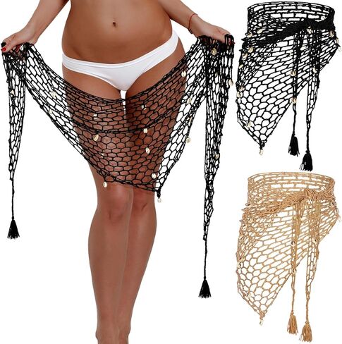 Zonon 2 Pcs Summer Crochet Skirt Cover up for Women Bikini Triangle Fishnet Skirt Beach Hand Crochet Shawl Hollow out Mermaid Sarong Swimwear Bathing Suit Sarong with Shells in Saudi Arabia