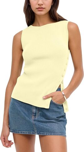 Ythomm Womens Asymmetrical Side-Button Slit Tank Tops Sleeveless Boat Neck Ribbed Knit Sweater Vest Solid Slim Going Out Tops in Kuwait