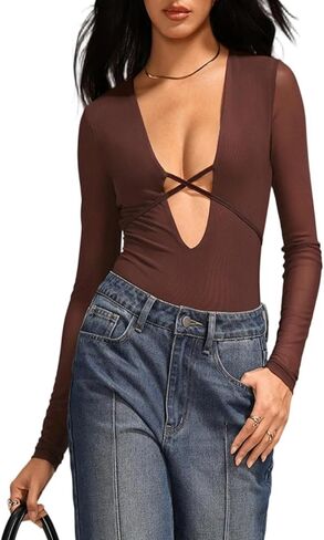 SOLY HUX Women's Deep V Neck Long Sleeve Bodysuits One Piece Leotard Party Tee Tops in Kuwait