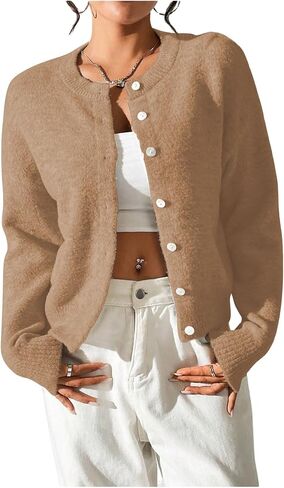 SweatyRocks Women's Button Up Crew Neck Cardigan Long Sleeve Knitted Sweater Outwear in Kuwait