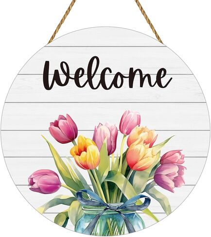 Spring Decorations for Home Front Door Decor Mason Jar Flowers Wreaths for Front Door Wooden Spring Welcome Sign Hanger for Farmhouse Wall Porch Indoor Home Decor (Flower) in Saudi Arabia