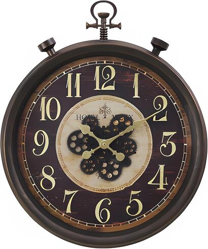 24 "ساعة حائط صناعية كبيرة مع تروس متحركة ، تصميم بطارية Steampunk يعمل على تصميم مراقبة الجيب الضخم ، ديكور مزرعة ريفي لغرفة المعيشة ، المكتب ، البار ، البرونز البني in Kuwait