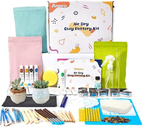 Pottery Kit,Air-Dry Clay Starter Kit for Beginners Clay Kit, Home Made Pottery Set, DIY Air-Dry Clay Kit, Pottery Kit w/Paint Set, Varnish, 10 Paint, Brushes, Sponge, Step Guide in Kuwait