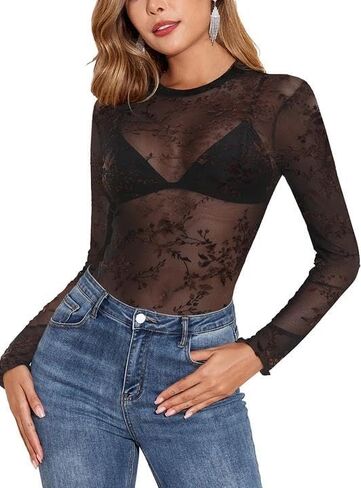 yya mesh top للنساء الأكمام الطويلة جولة قميص شبكة الشبكة الشفاهية أعلى القمصان الزهرية الصلبة s-xxl in Kuwait