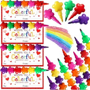 24 Valentines Cards and Stacking Crayons 24 Pcs 7 Colors Cartoon Face Buildable Crayons 24 Pcs Valentines Greeting Cards for Boys Girls Classroom Prizes Goodie Bag Fillers Party Supplies in Kuwait