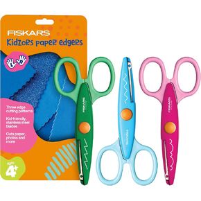 Fiskars Decorative Edge Craft Scissors for Kids Ages 4-7, Craft Scissors for Kids, Zoo Animal Pattern Design with Zig Zag Edges, 3-Pack in Kuwait