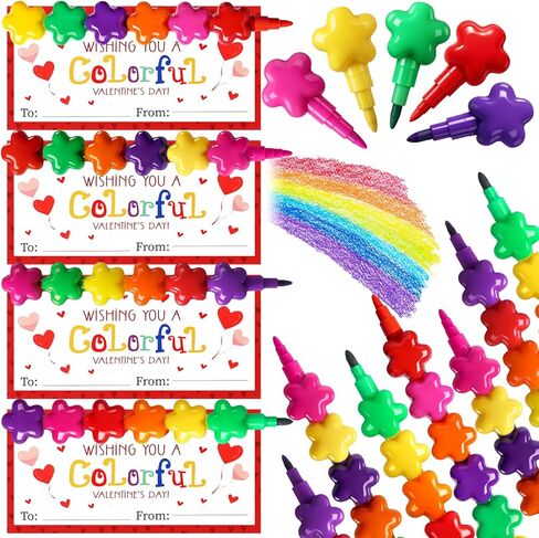 24 Valentines Cards and Stacking Crayons 24 Pcs 7 Colors Cartoon Face Buildable Crayons 24 Pcs Valentines Greeting Cards for Boys Girls Classroom Prizes Goodie Bag Fillers Party Supplies in Kuwait