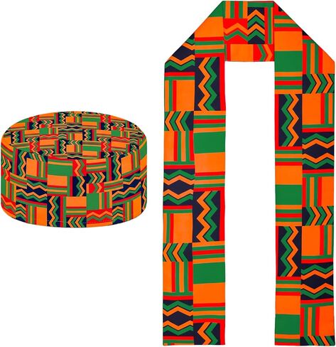 2pcs African Kente Pattern Kufi Hat Men Men African Print Histord Black African Tistory Stole Sash Graduation Women in Kuwait